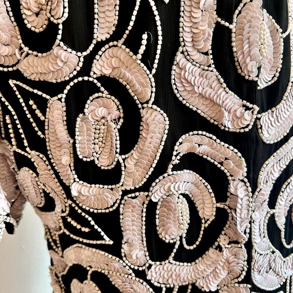 Vintage 1980s Black Silk Beaded Floral Top – Hand Beaded Sequin Evening Blouse - Picture 3 of 8